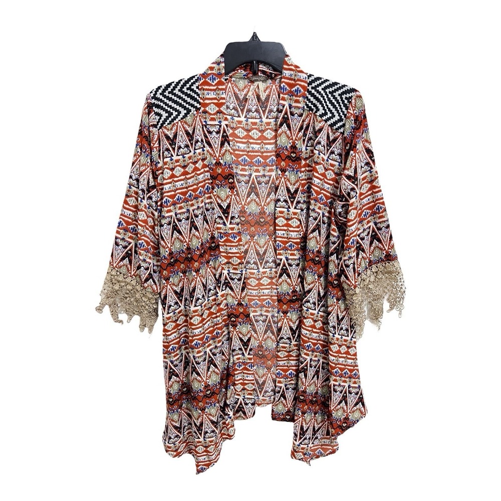 BKE Gimmicks Southwestern Topper Lace Sleeve Top Open Front Flouncy Women's S